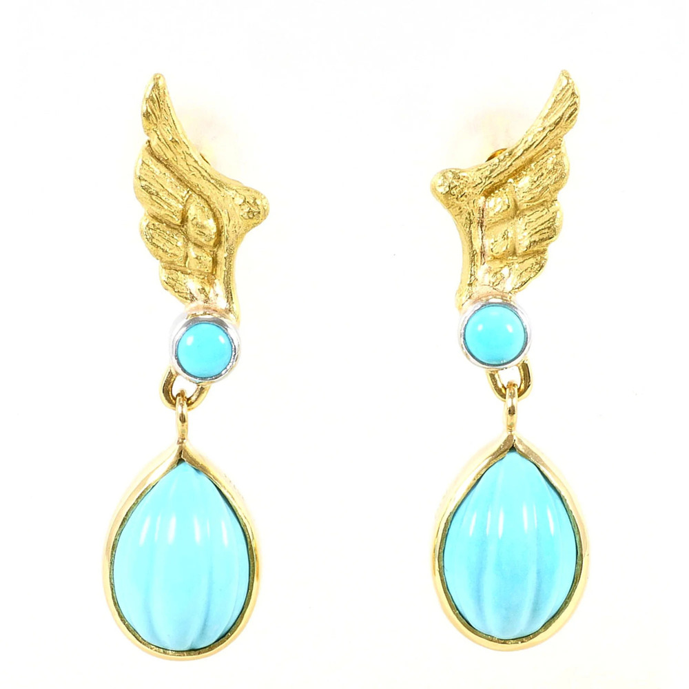 PT900 Platinum 18K Yellow Gold Earrings with Turquoise, Certificate of Authen...